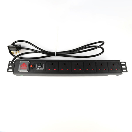 1.5U 6 way Cabinet PDU with Switch and Overload protection and 3D Light 250V, 13A UK